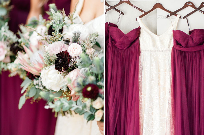 wedding bouquet with peonies and burgundy bridesmaids dresses