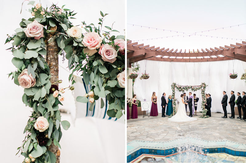 los angeles wedding chuppah details and a view of the outdoor ceremony through the fountain
