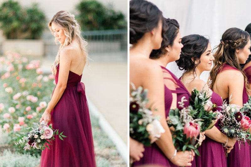 beautiful bridesmaids in burgundy dresses los angeles wedding
