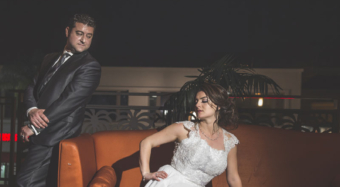 bride and groom portrait on NOOR's sofia balcony banquet hall lounge