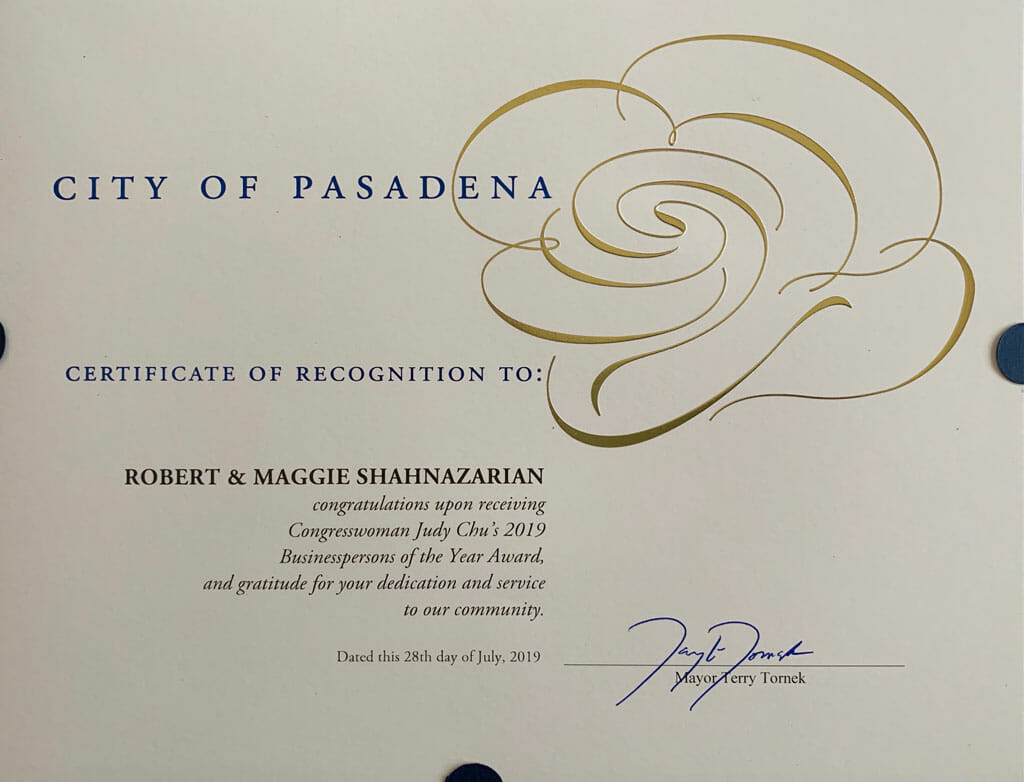 city of pasadena certificate of recognition