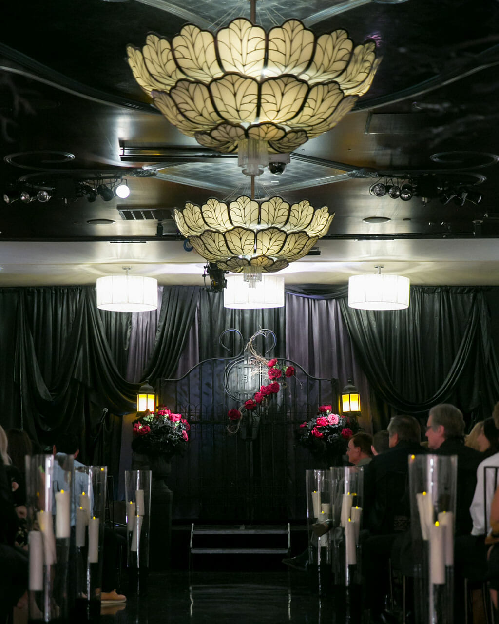 alternative wedding with black drapes and red roses at NOOR banquet hall los angeles