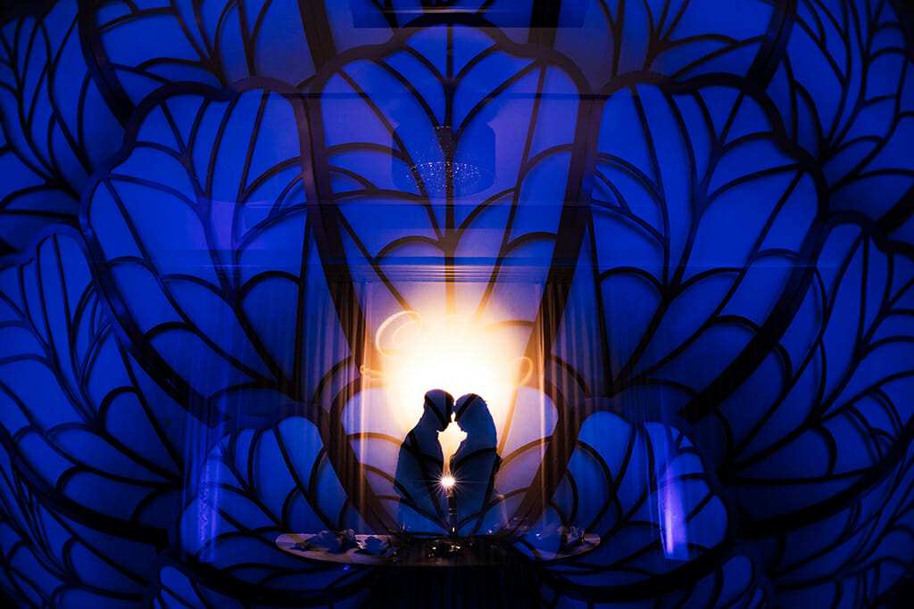 wedding couple silhouette in NOORs sofia banquet hall iconic chandelier