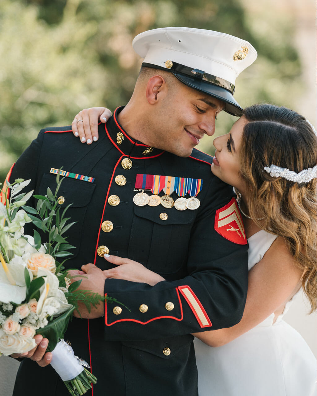 military wedding couple embracing at noor los angeles