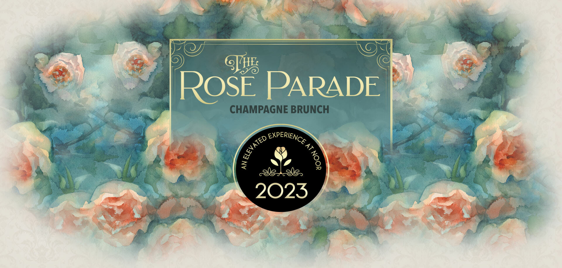 rose parade champagne brunch 2021 banner with red and gold roses