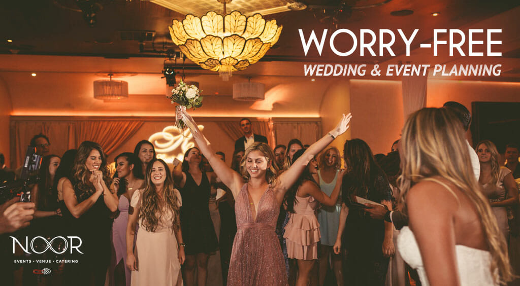 worry-free wedding and event booking bridesmaid catching bouquet in noor los angeles banquet hall