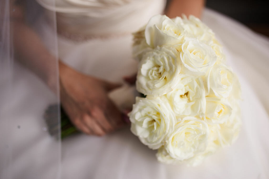 wedding bouquet of soft ivory roses