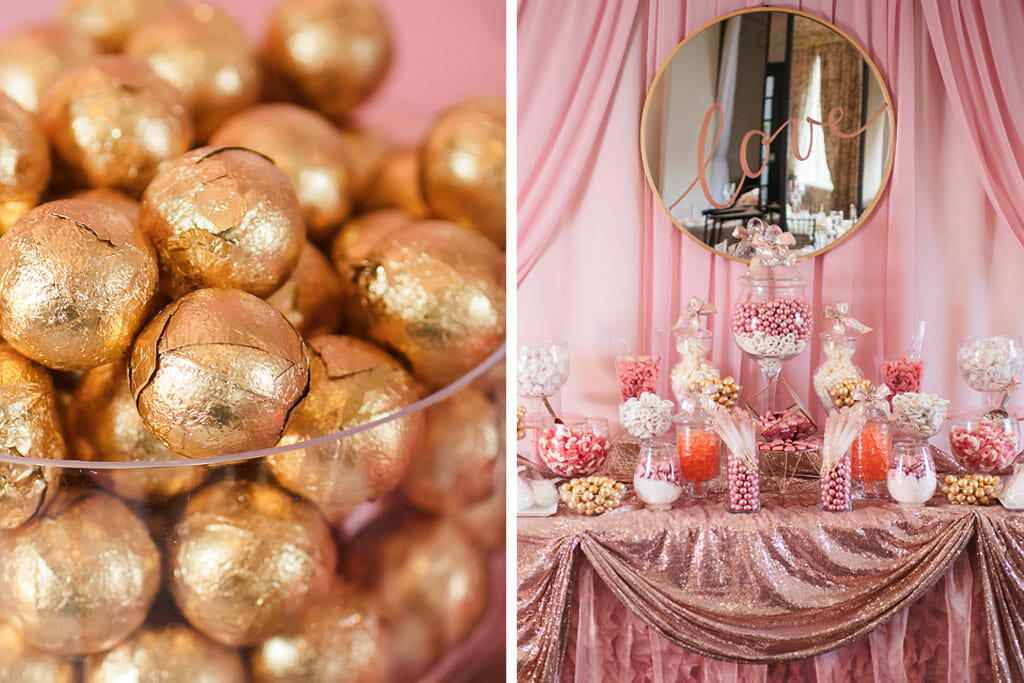wedding reception desert table setup in pink, blush and gold