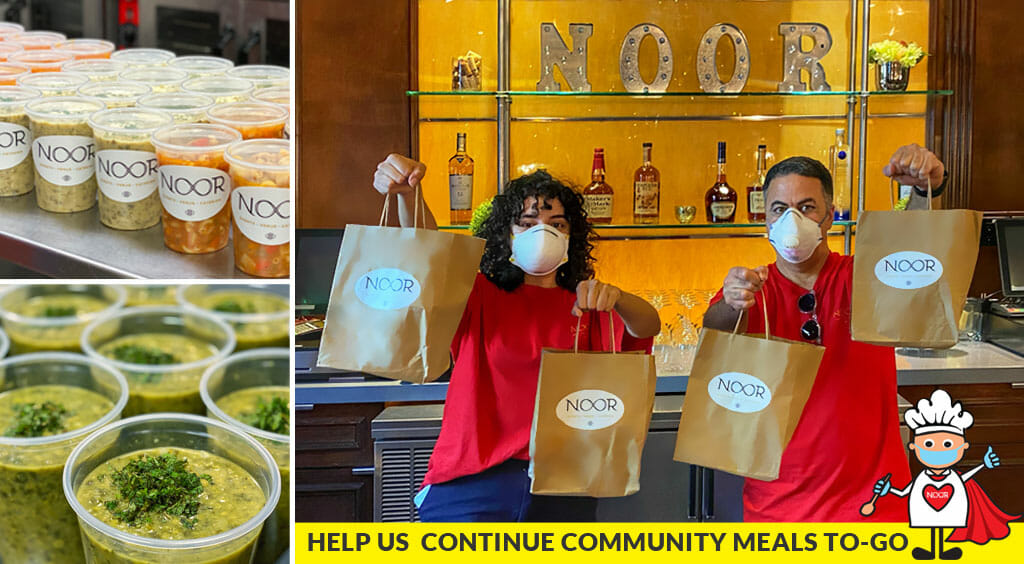 NOOR staff holding up soup bags and close ups of soup for gofundme donation page