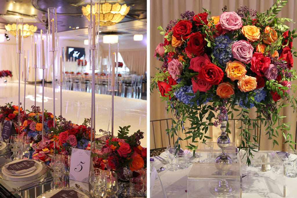 floral displays and centerpieces in the sofia banquet hall at NOOR pasadena