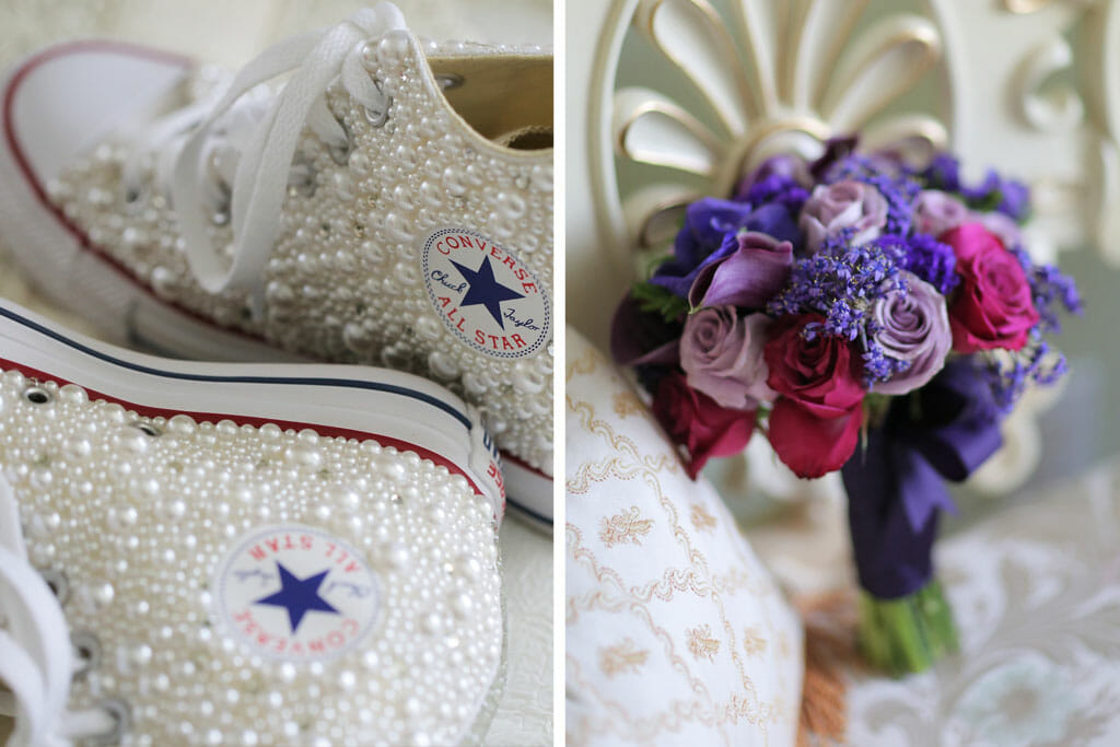 converse wedding shoes and bridesmaids bouquet