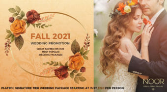 wedding promotion fall 2021 wedding couple with flower garlands in fall colors