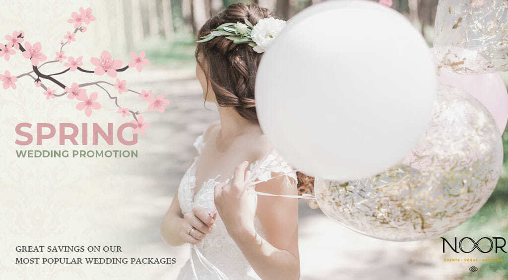 spring wedding promotion at noor in pasadena showing a bride holding balloons on a sunny day