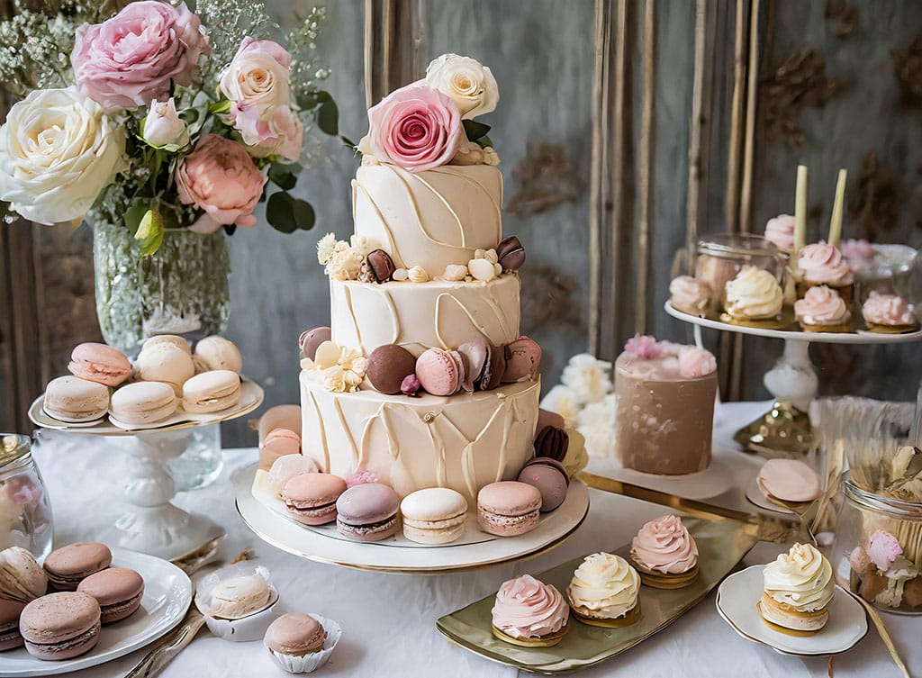 beautiful wedding cake decorated with macaroons and flowers
