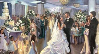 live painting of bride and groom dancing at their reception from wedding in the sofia banquet hall at noor in pasadena
