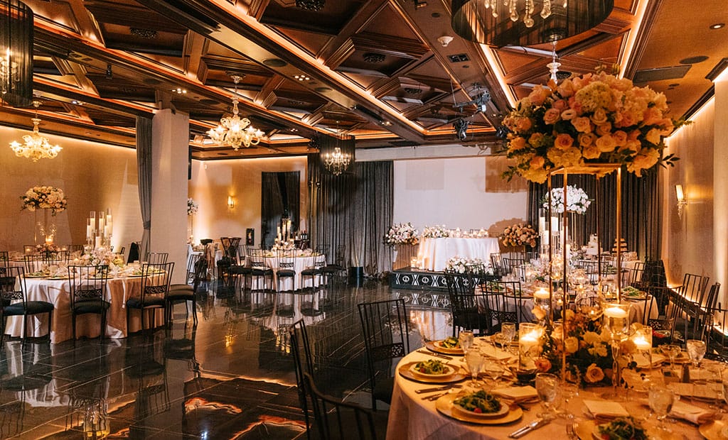 the ella ballroom at noor paasadena with ghost chandeliers