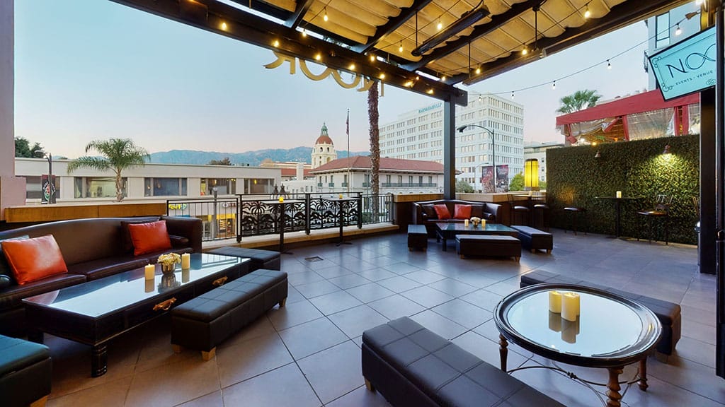 social balcony at noor corporate events venue overlooking pasadena city hall