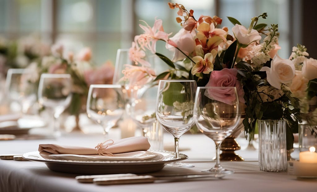 dinner reception setup for wedding or event with pinik and green floral centerpiece, flatware and glassware