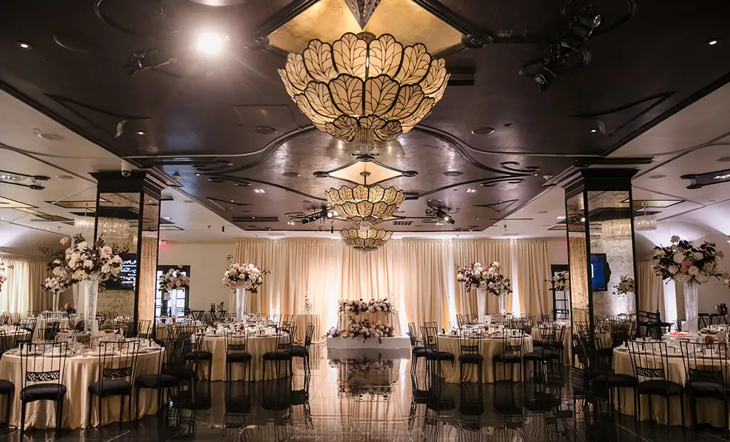 the sofia ballroom at noor in los angeles setup for a wedding reception