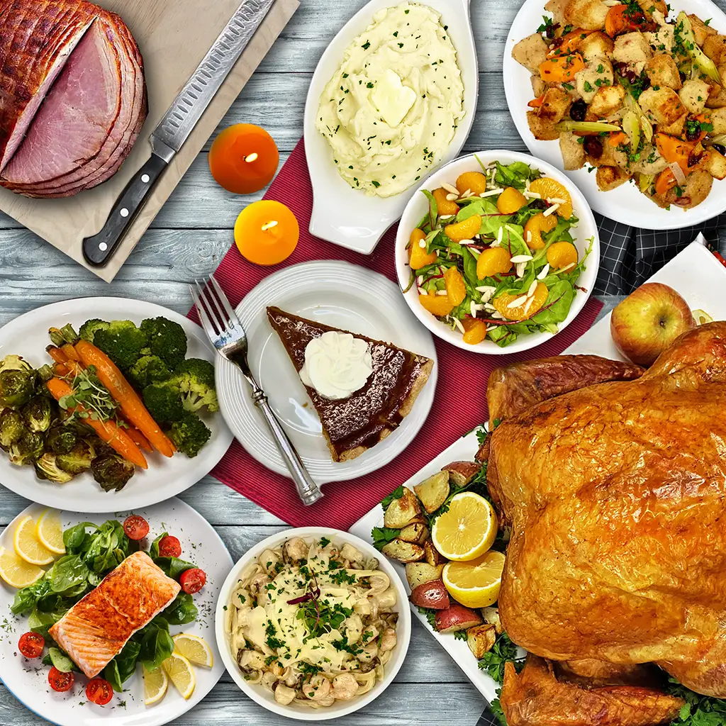 turkey, mashed potatoes, stuffing, ham and other thanksgiving favorites