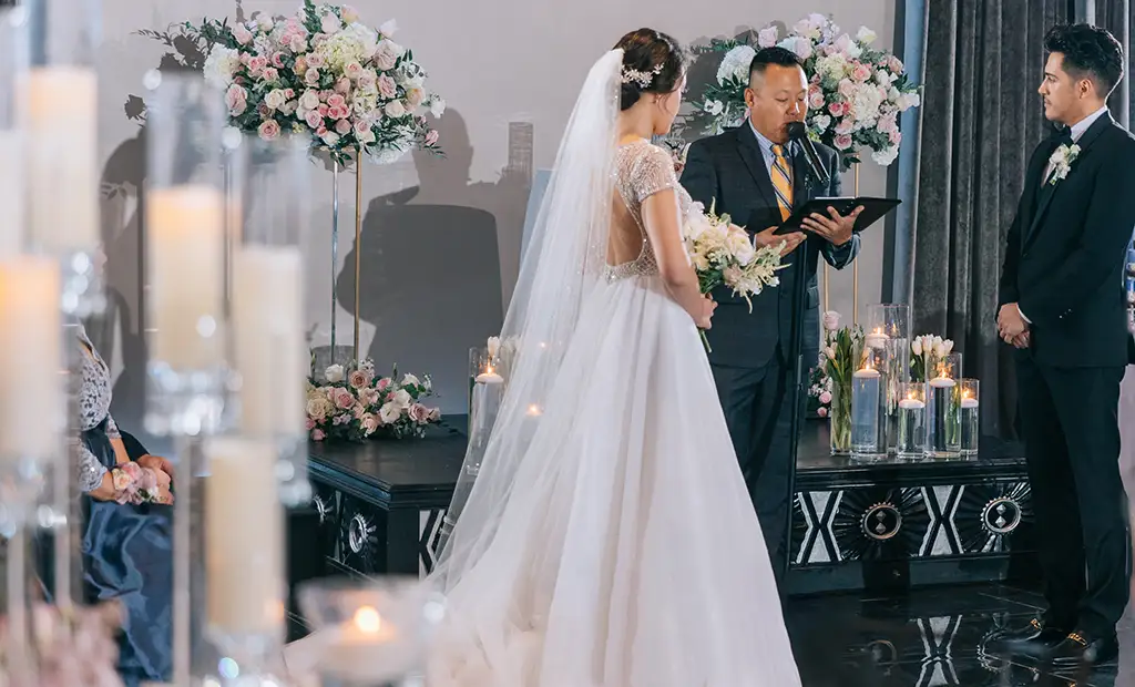 beautiful wedding ceremony in the ella ballroom at noor pasadena