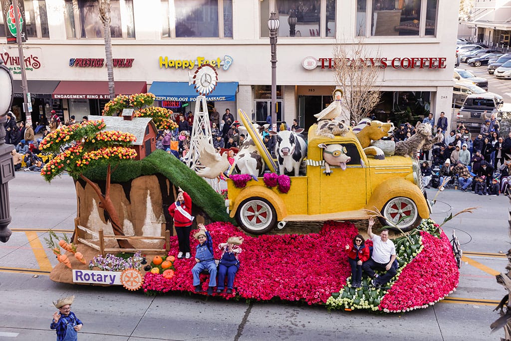 The Rotary Club Float from the 2025 Rose Parade. Taken from the Sofia Balcony at NOOR