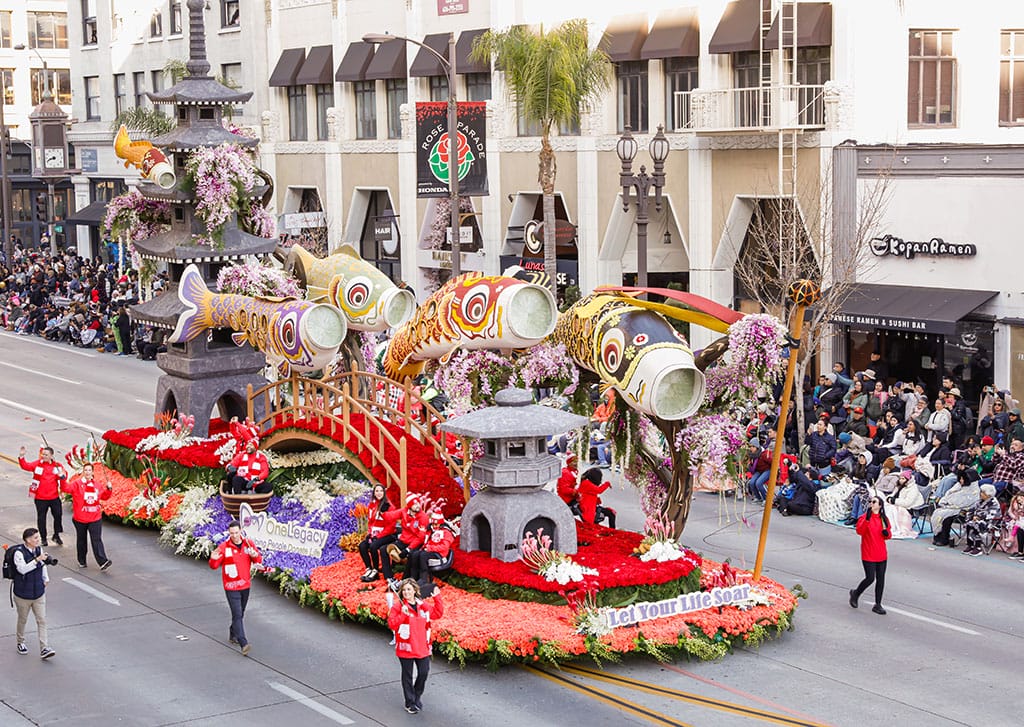 Rose parade floats view from the sofia balcony at NOOR