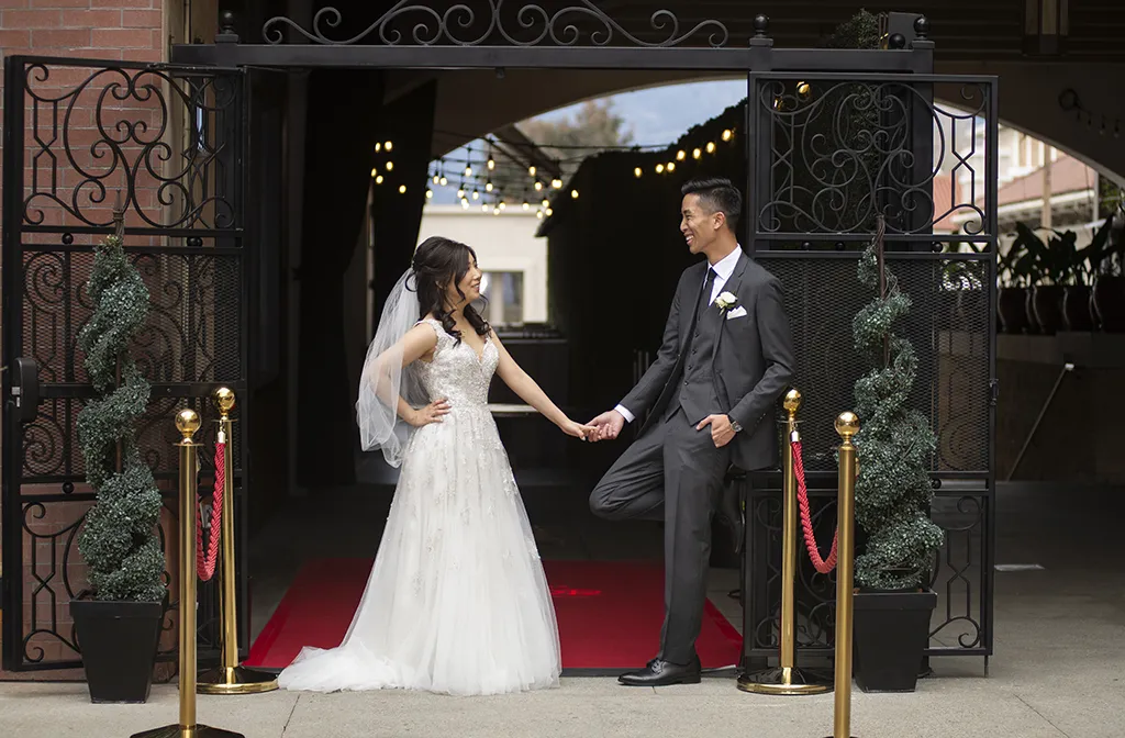 wedding couple outside the Sofia ballroom at NOOR