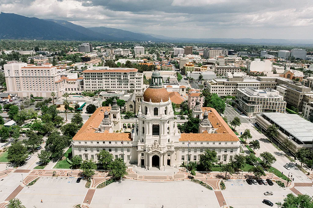Drone shot of Pasadena City Hall by Two Fourteen Photography