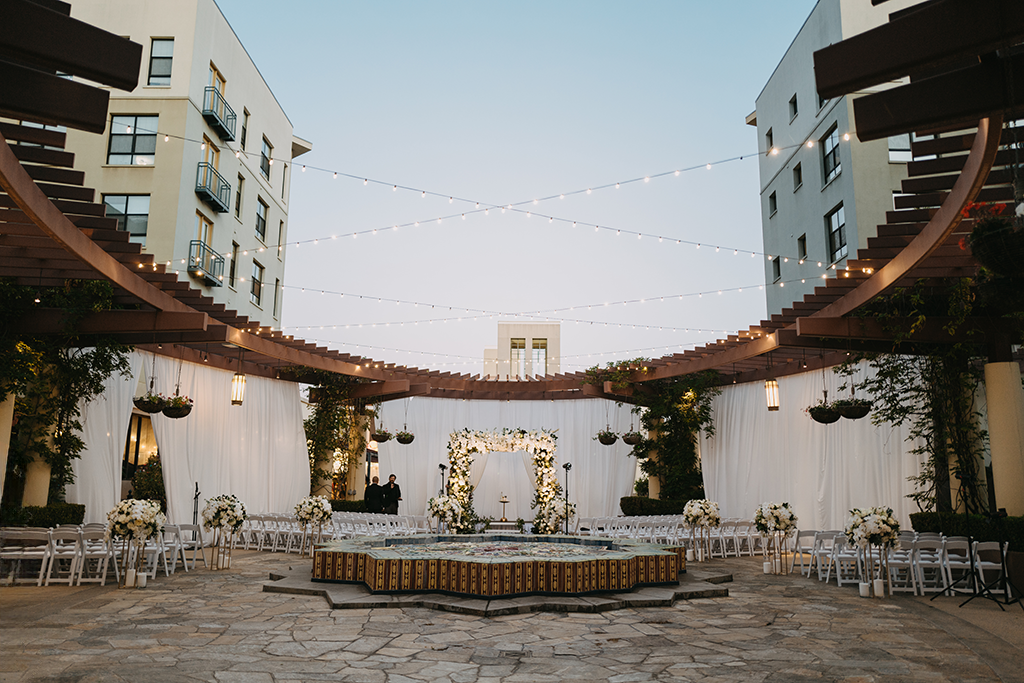NOOR Terrace at NOOR in Pasadena Wedding Ceremony Setup at Twilight